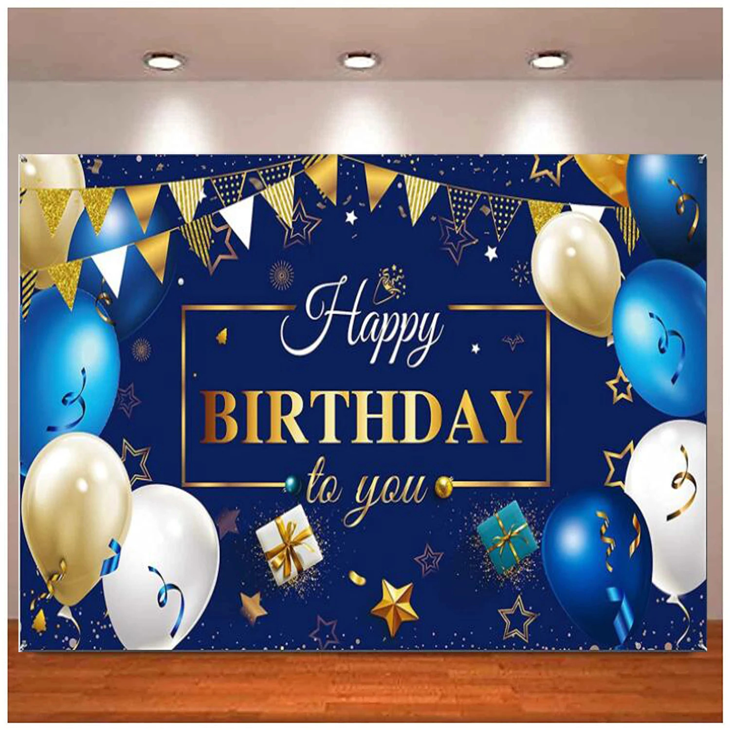 Navy Blue And Gold Photo Backdrop For Birthday Party Background Decorations Banner Supplies Favor Children Men Women Celebration