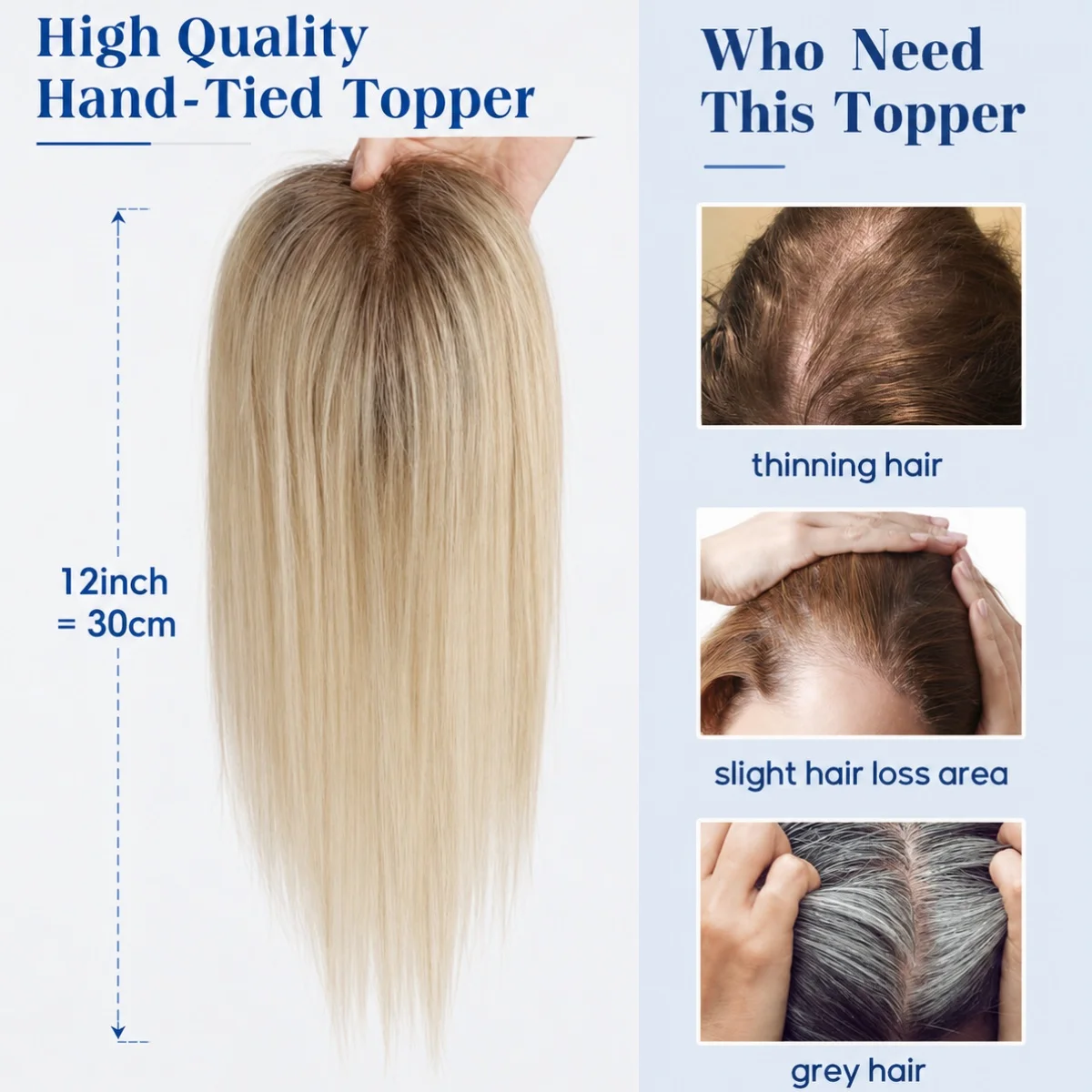 Brown to Light Blonde Ombre 9x10 Lace Base 25g 12 Inch Hair Topper Middle Part 100% Remy Human Hair for Women Thinning Hair