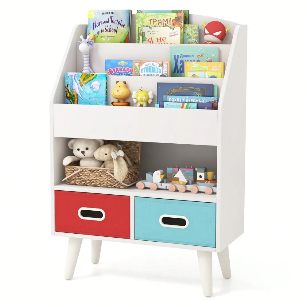 

Kids' Storage And Shelving Toy StorageKids Bookshelf W 3Tier Bookshelves Open Compartment 2 Foldable Fabric Drawers