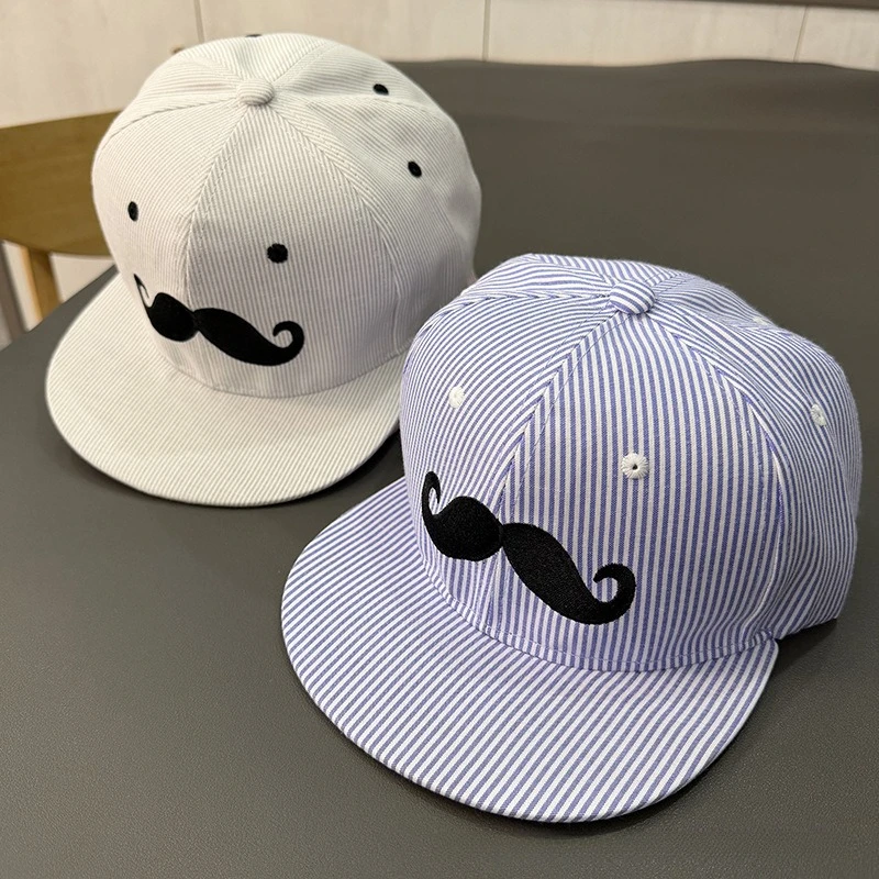 Men Women Cute Mustache Embroidery Flat Brim Snapback Cap Striped Pattern Adjustable Hip‑Hop Baseball Cap Casual Street Headwear