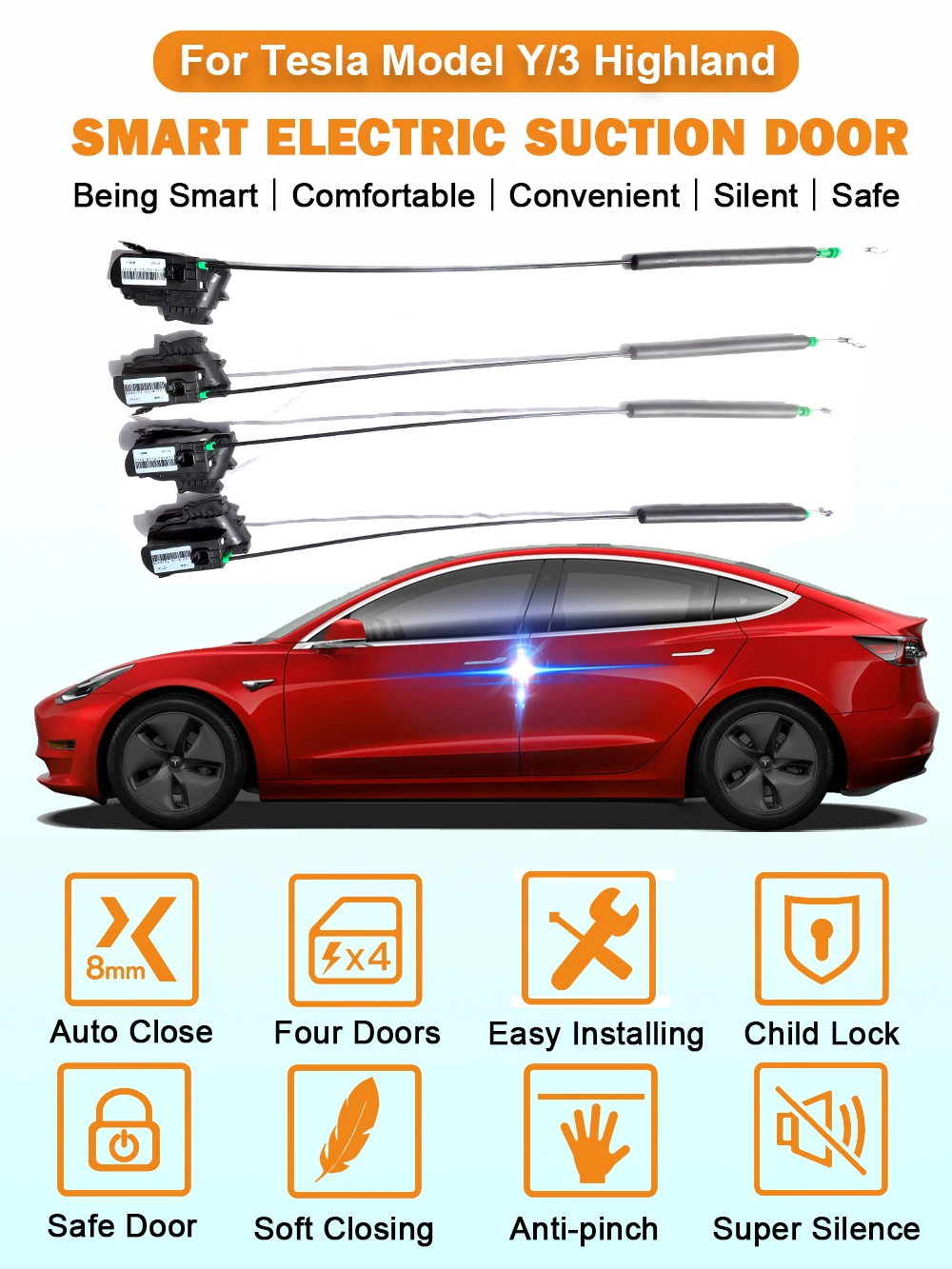 Carbar Electric Suction Door Lock For Tesla Model Y Model 3 Highland with Soft Cose Anti Pinch Super Silence DIY Installing