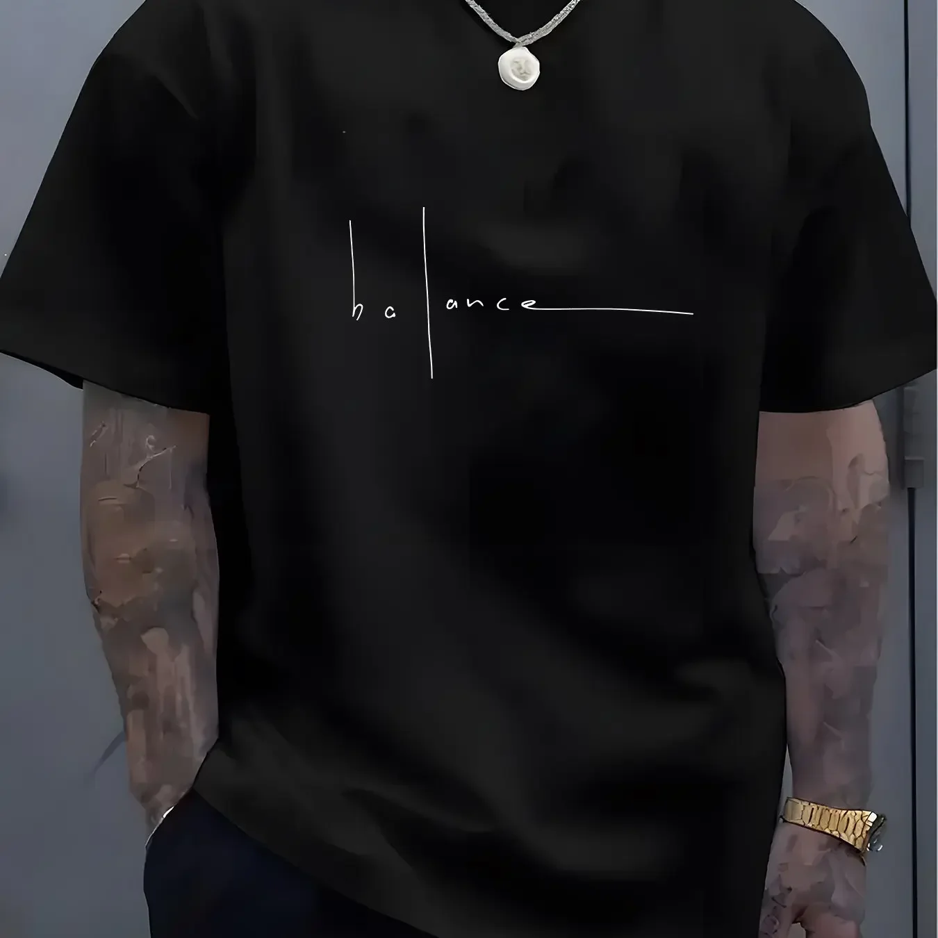 100% pure cotton summer men's short sleeved T-shirt, creative BALANCE letter printed street fabric, breathable for daily use