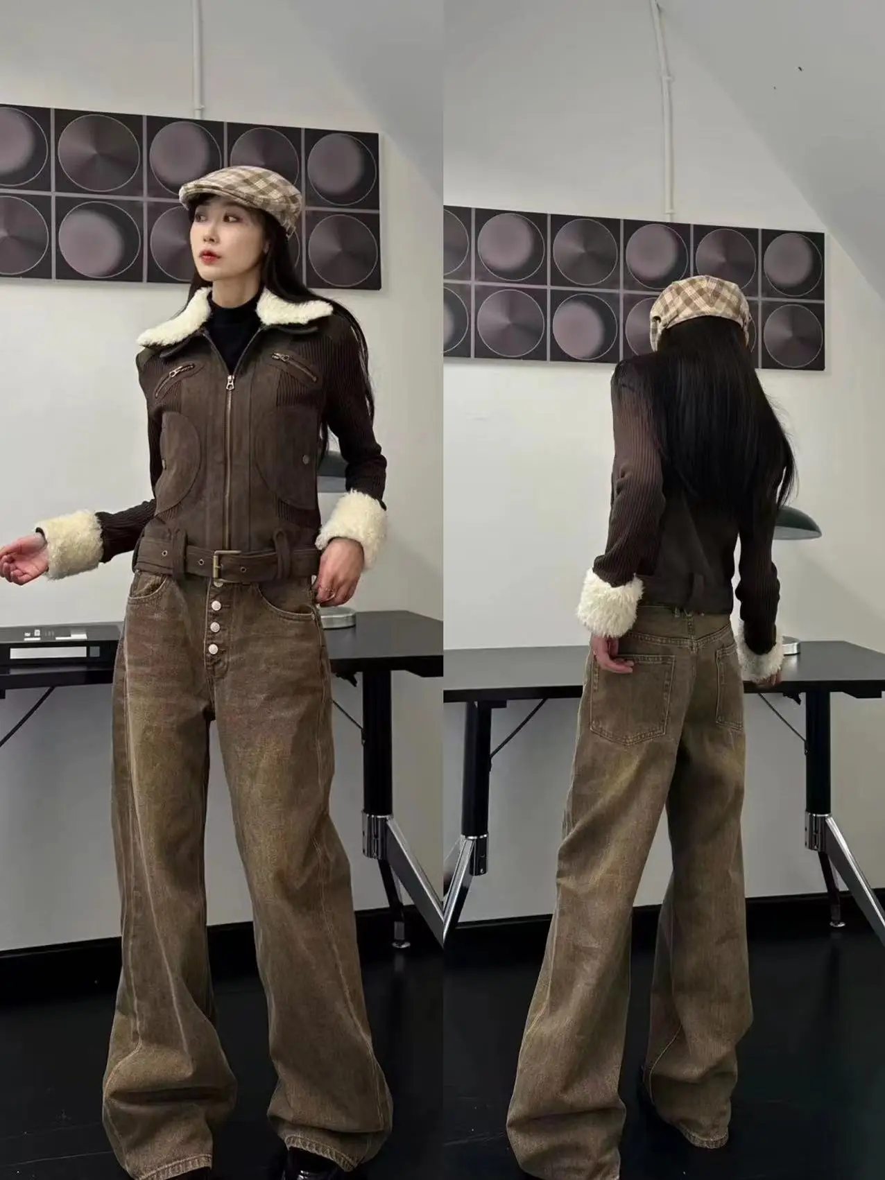 

Early Spring 2024 Brown Button High Waist Straight Leg Wide Leg Jeans Women's Faion Retro Sle Pure Color Long Pants