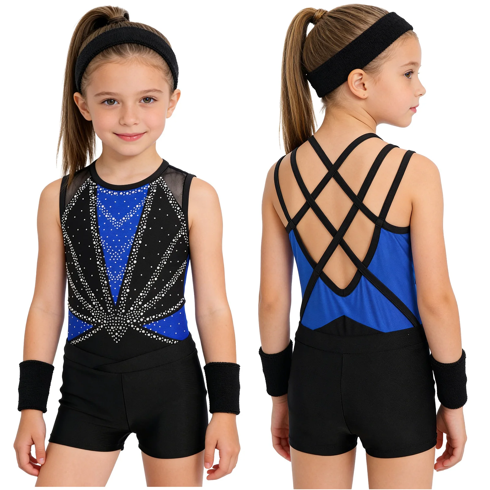 

Детские гимнастические купальники для девочек, спортивный костюм без рукавов, блестящий комбинезон с блестящими стразами для балета, танцев, акробатики, с шортами и повязкой на голову