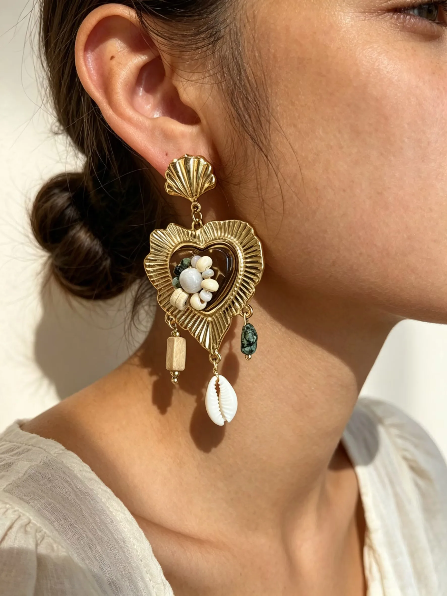 Peri'sbox Natural coconut shell natural stone heart-shaped metal shell tassel pendant women's earrings fashionable party jewelry