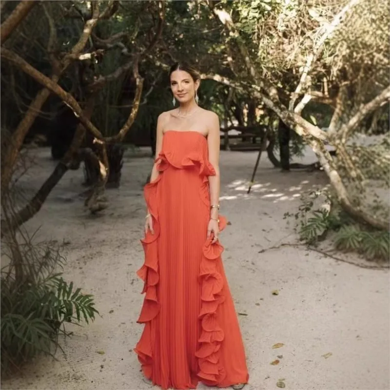 Trendy Women Summer Holiday Dress Orange Pleated Chiffon Long Formal Dresses Custom Made Ruffled Strapless Beach Party Dress
