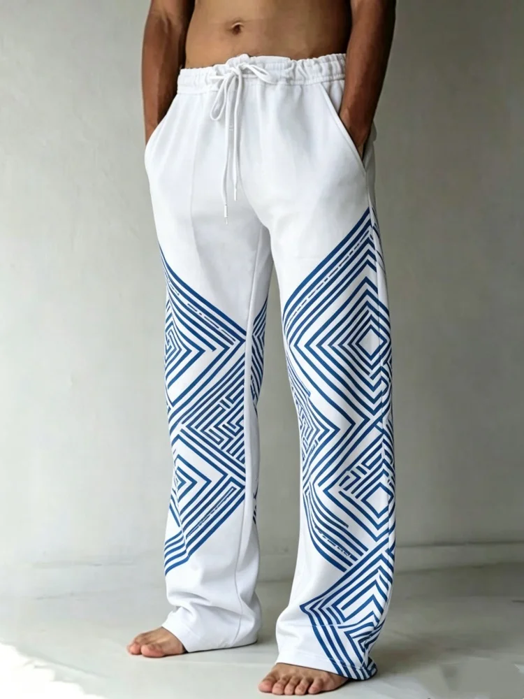Mens White Blue Geometric Diamond Stripe Print Drawstring Straight Floor Length Loose Casual Sweatpants