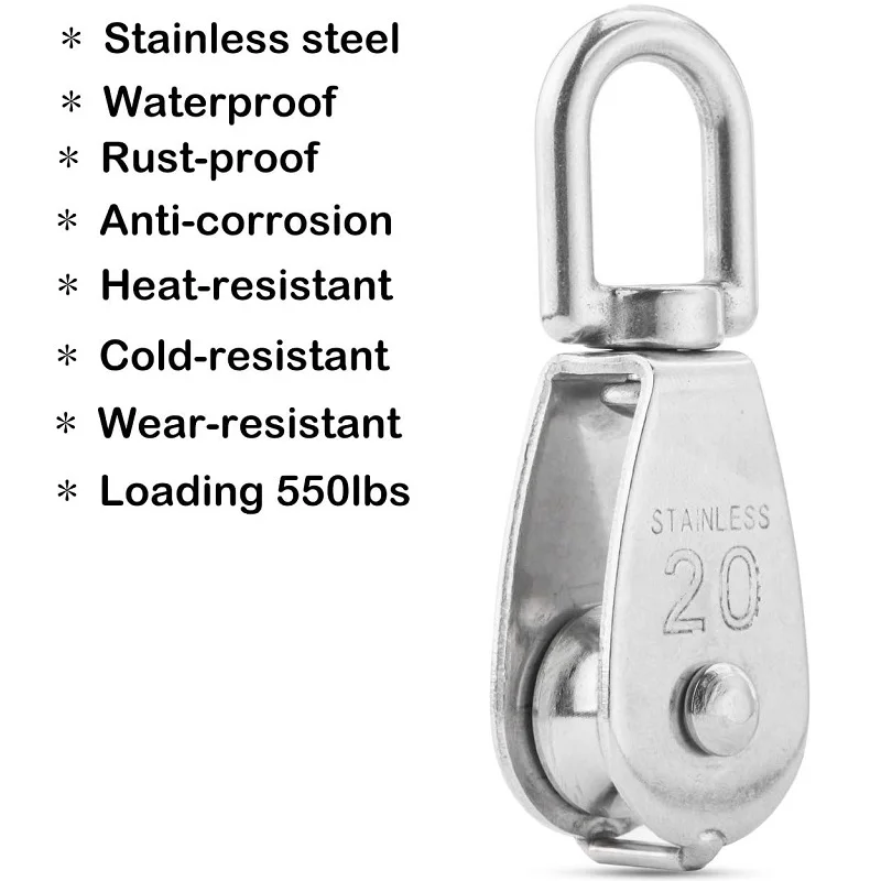 M20 Single Pulley Block Loading 200lbs 304 Stainless Steel Swivel Pulley Hanging Wire Towing Wheel for Wire Rope