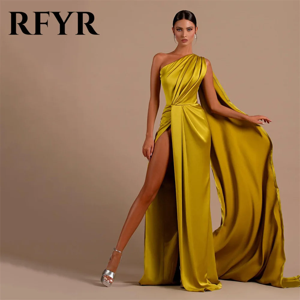 RFYR Gold Prom Dress Sleeveless One Shoulder Satin Evening Dresses Sexy Side High Split Party Dress With Pleats Robe De Soirée