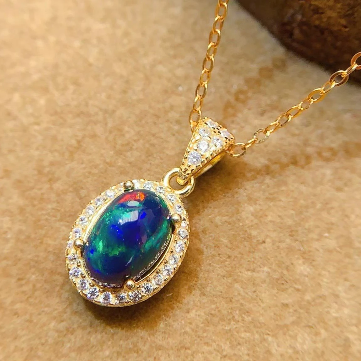 

925 Sterling Silver Natural Opal Pendant with Certificate 9x7mm Dyed Genuine Opal Necklace Pendant with 18K Gold Plating