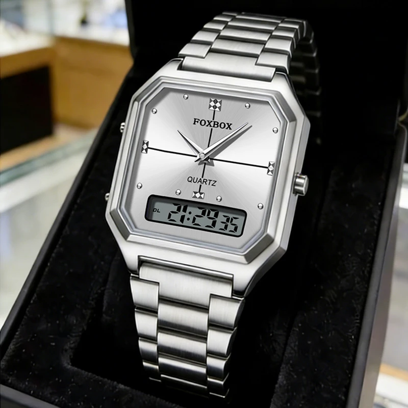 

Мужские часы FOXBOX 2026 класса люкс, модные цифровые кварцевые наручные часы LIGE, спортивные водонепроницаемые светящиеся стальные часы, подарки для мужчин, Reloj