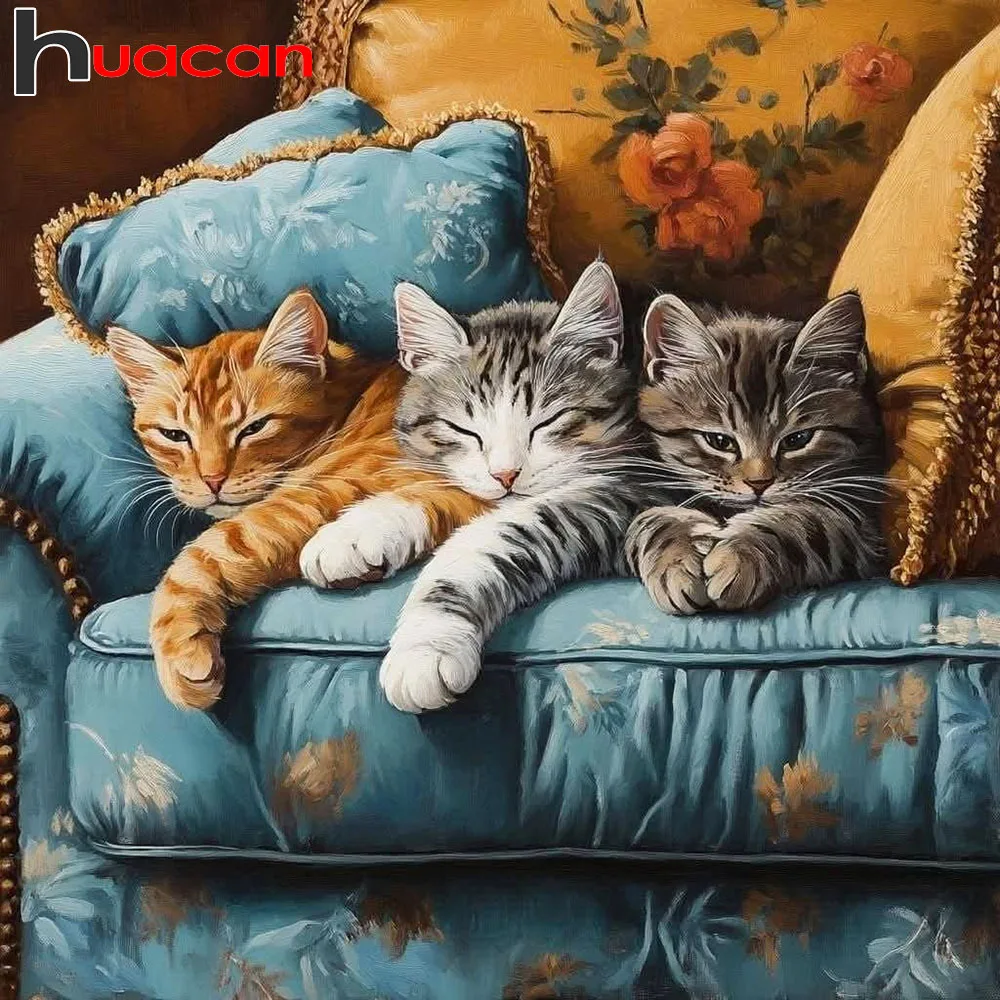 Huacan Diamantmalerei Schlafende Katze Diamantmosaik Tier Landschaft Neue Kollektion Bild aus Strasssteinen