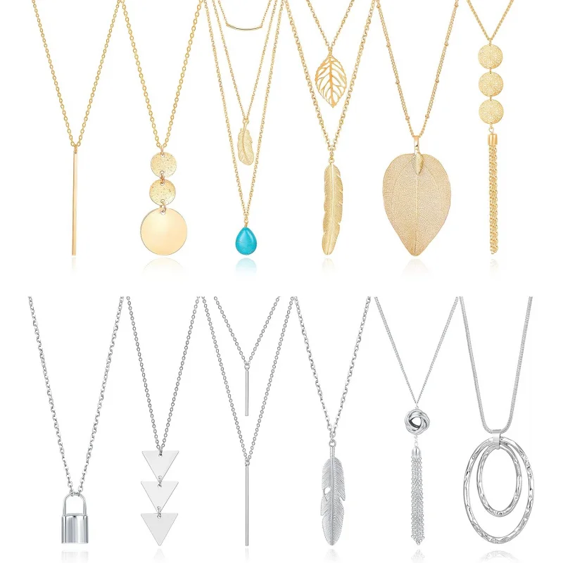 12-Piece Set of Long Pendant Necklaces for Women - Gold Bar, Feather, Triangle, Leaf, Lock & Tassel Y-Necklaces.