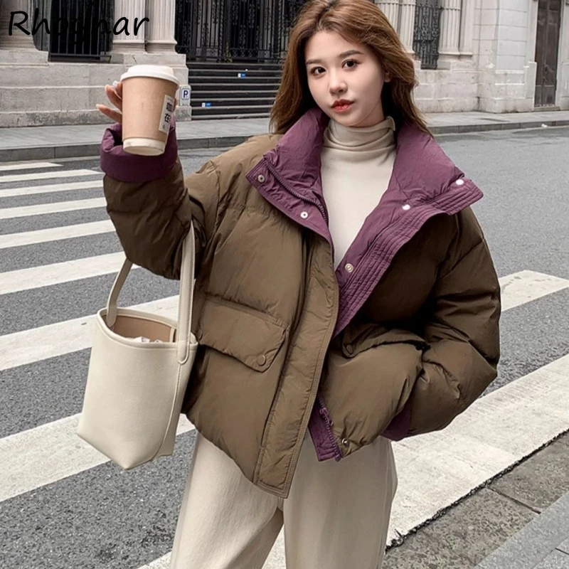 

Short Style Parkas Women Stand Collar Baggy Cozy Plus Velvet Warm Panelled Retro American Stylish All-match Leisure High Street