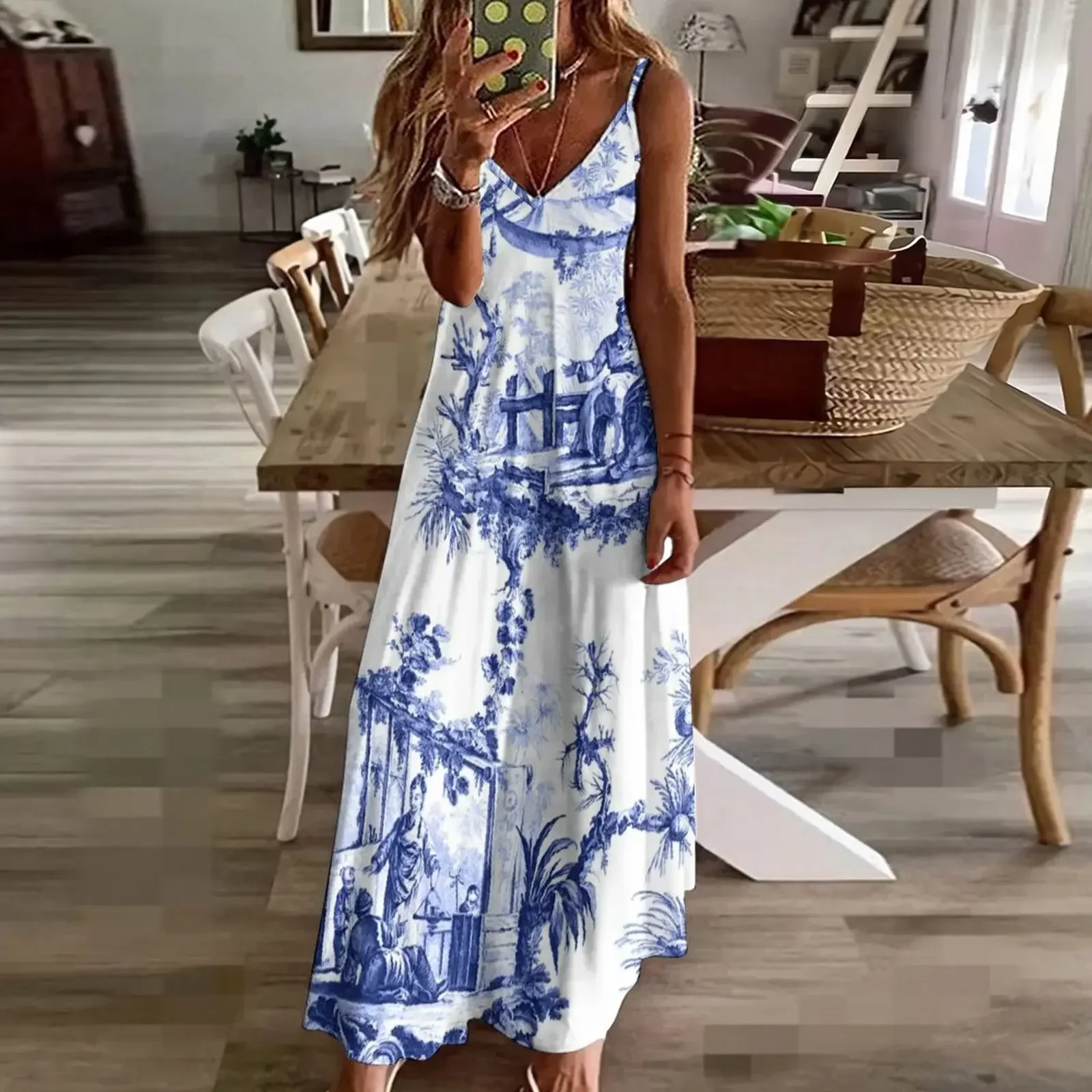 Blue Chinoiserie Toile Sleeveless Dress summer clothes for women prom clothes women evening dress Evening gown Dress