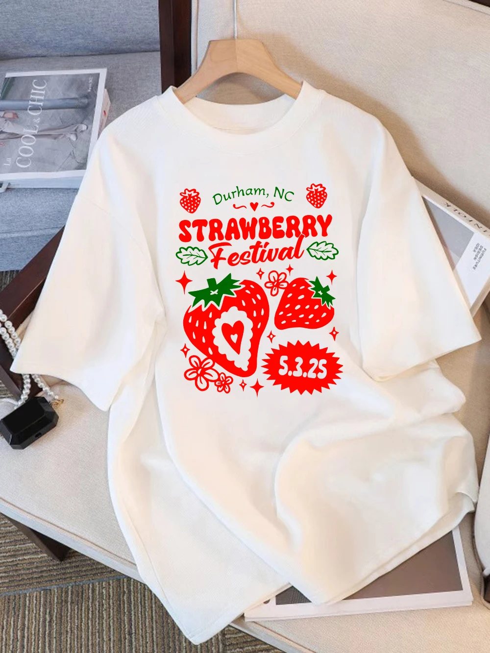 

Women T-Shirt Cotton Summer Durham，Nc Strawberry Festival Printed T Shirt O-Neck Comfortable Loose Tops Holiday Woman Clothes