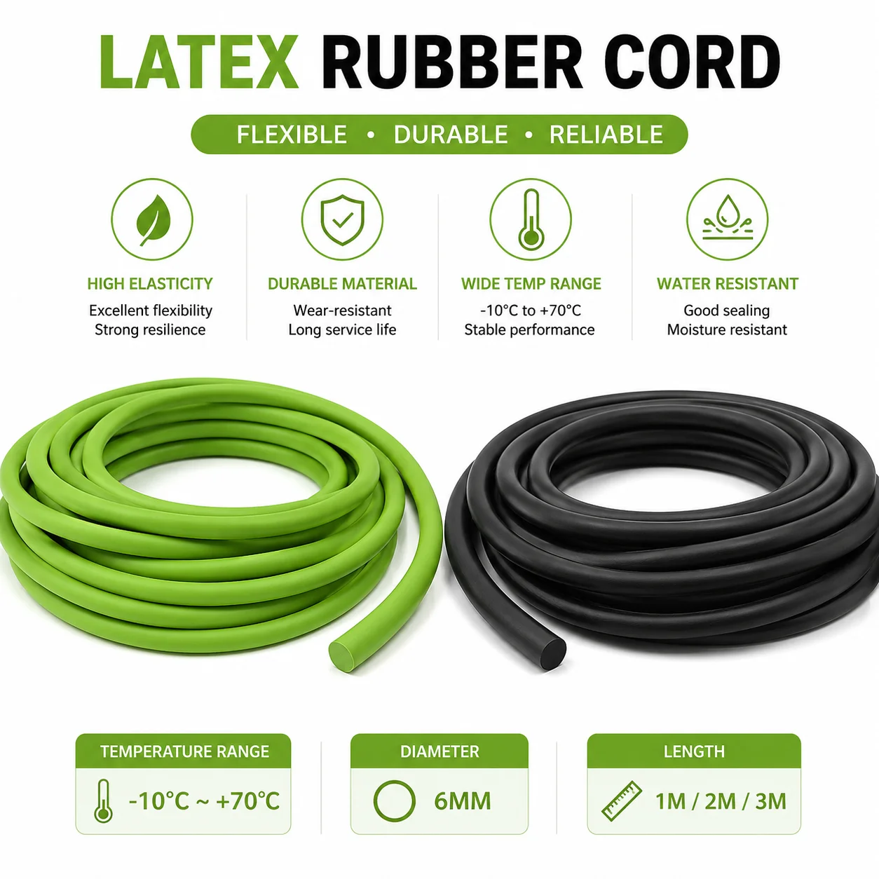 6mm Diameter Black/green Natural Latex Strip, High Rebound Non Deformable Outdoor Equipment Shock-absorbing Sealant Strip