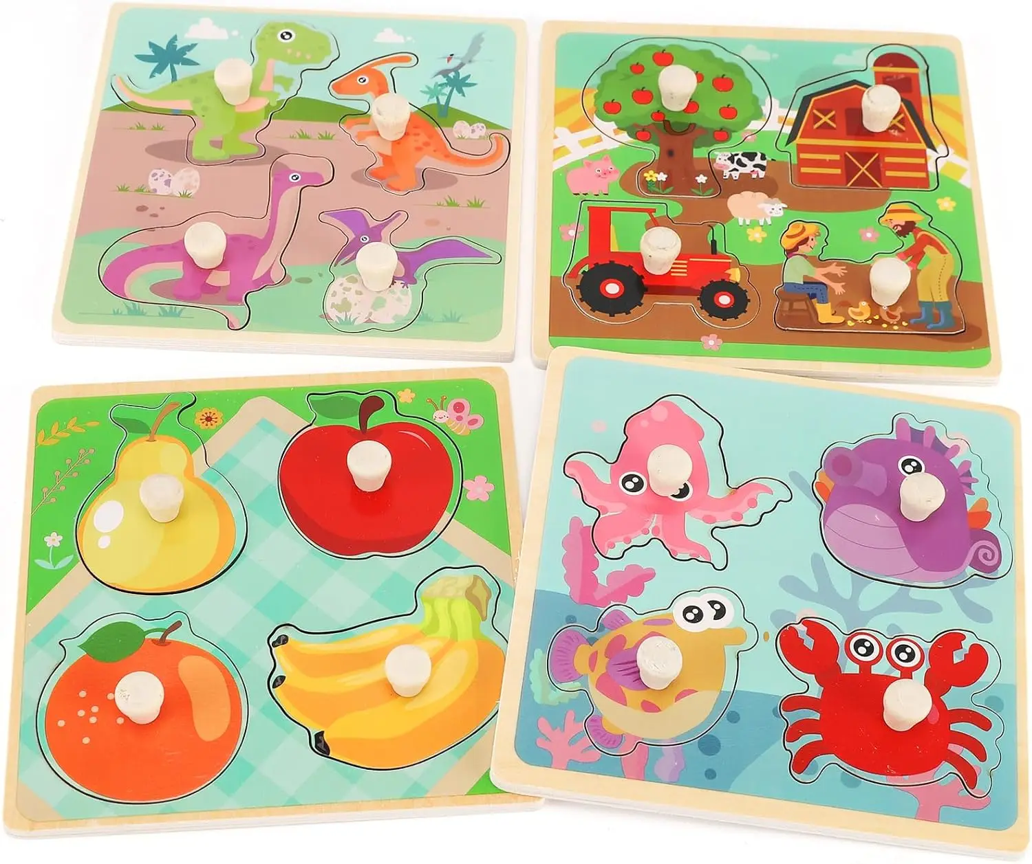 

Wooden Peg Puzzles for Toddlers 1-3, Set of 4 - Farm, Dinosaur, Fruit, Marine Animals, Educational Preschool Toy