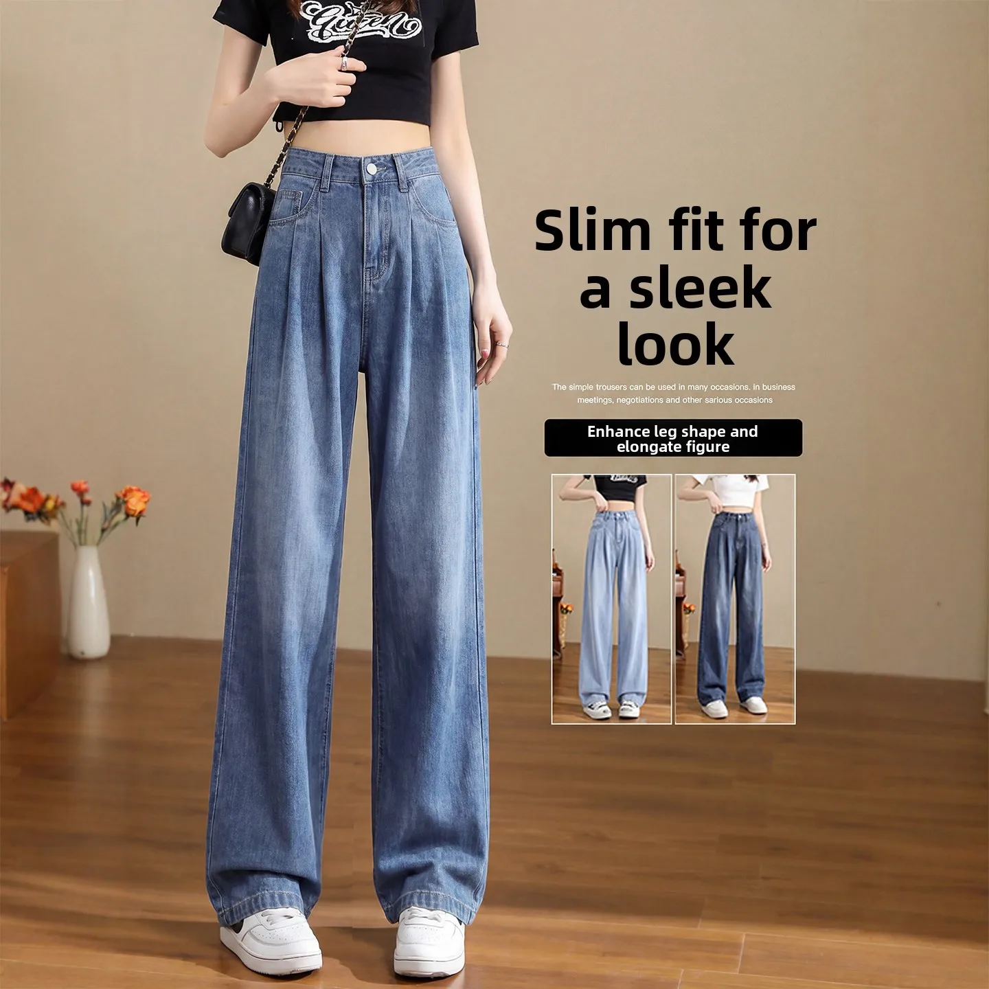 High Waist Wide Leg Jeans Women's Summer Thin Ice Silk Slim Straight Tube Pants  Denim plus Size Small Figure Flattering