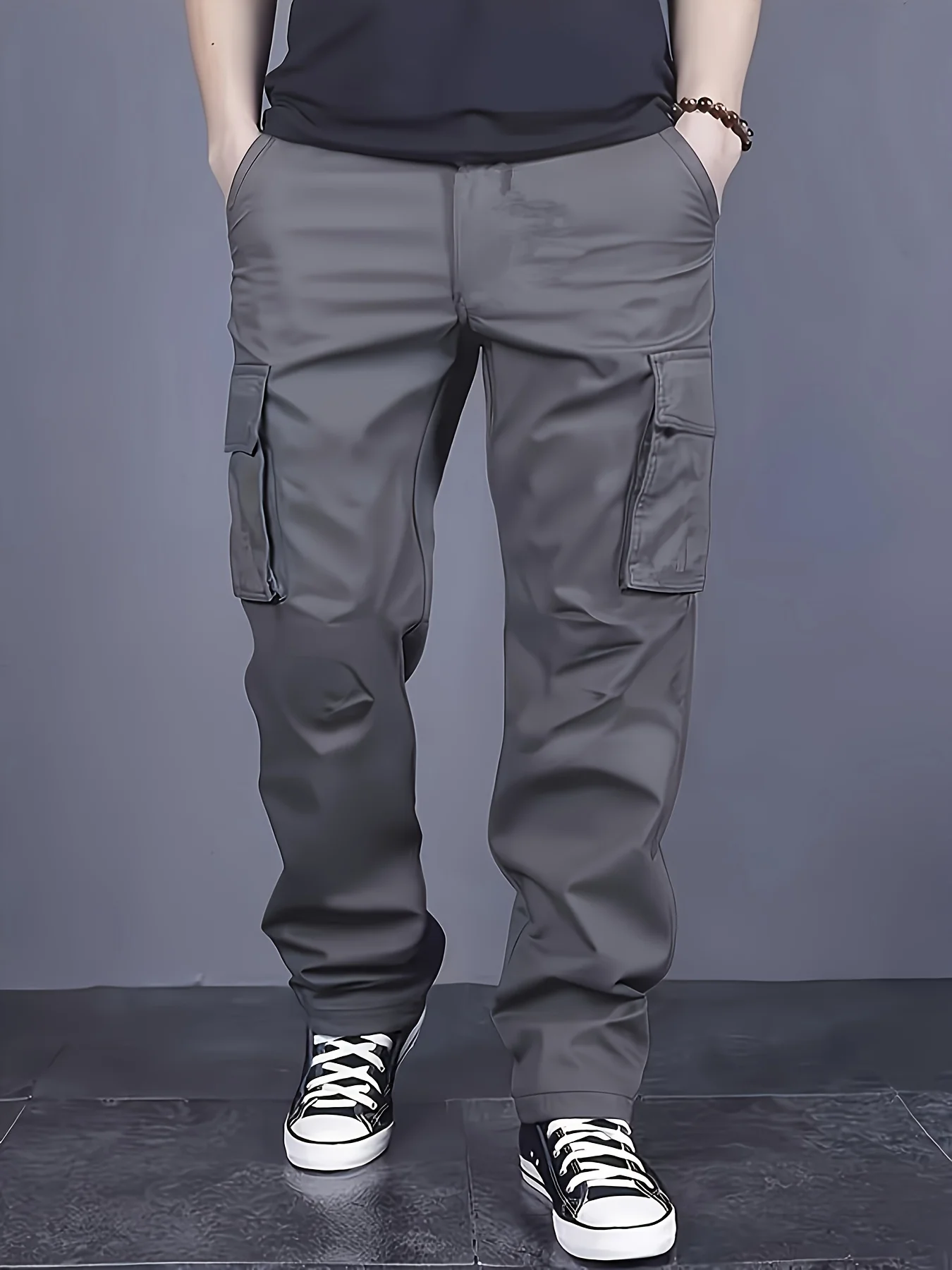 

2026Men's workwear pants solid color drawstring waist straight tube casual workwear pants with pockets casual pants