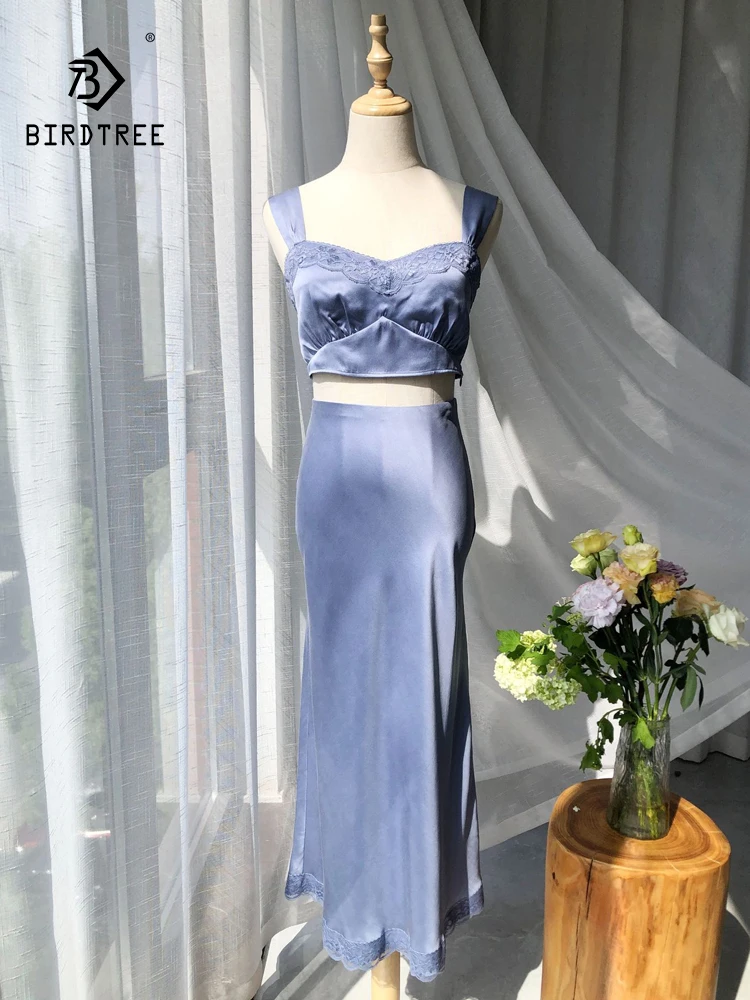 

BirdTree-Women 20MM 100% Silk Elegant Sling Skirt Set, Lace Tube Top, French Retro Party Trumpet Skirt, 2025 Summer New S56332CC