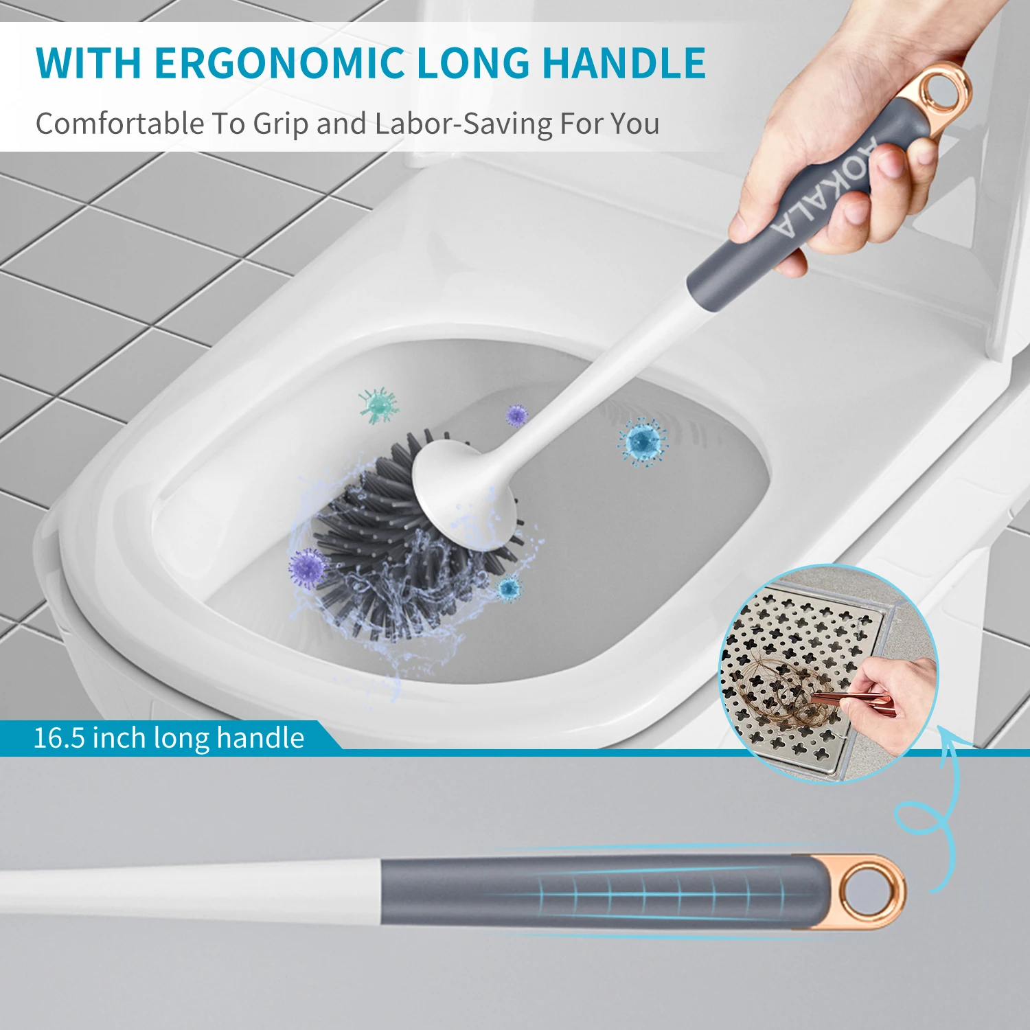 Aokala Silicone Toilet Brush SetToilet Bowl Brush and Holder with Tweezers Long Handle for Bathroom Deep Cleaning