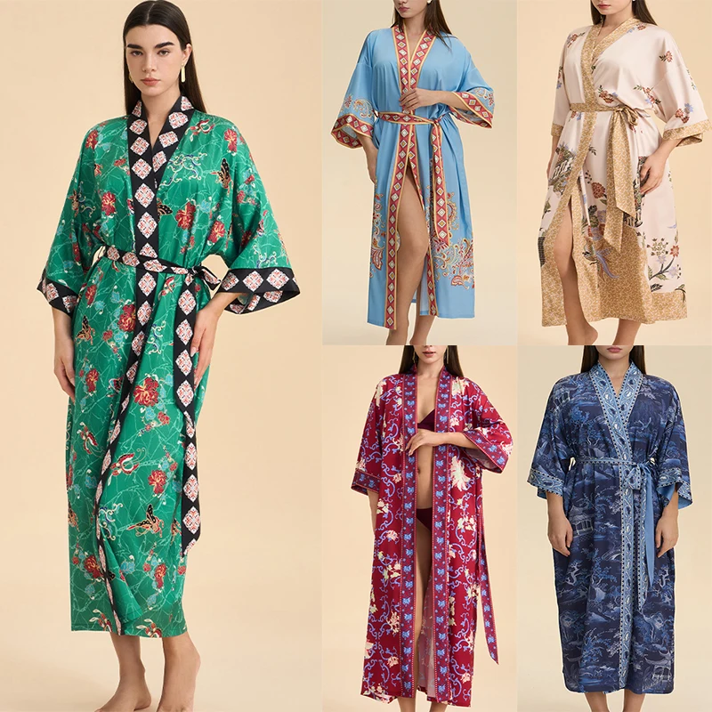 

Новинка 2023 года, женский модный халат, одежда для дома с принтом, одежда для сна, кимоно, пижама больших размеров, халат из искусственного шелка, ночная рубашка, домашняя одежда, накидка