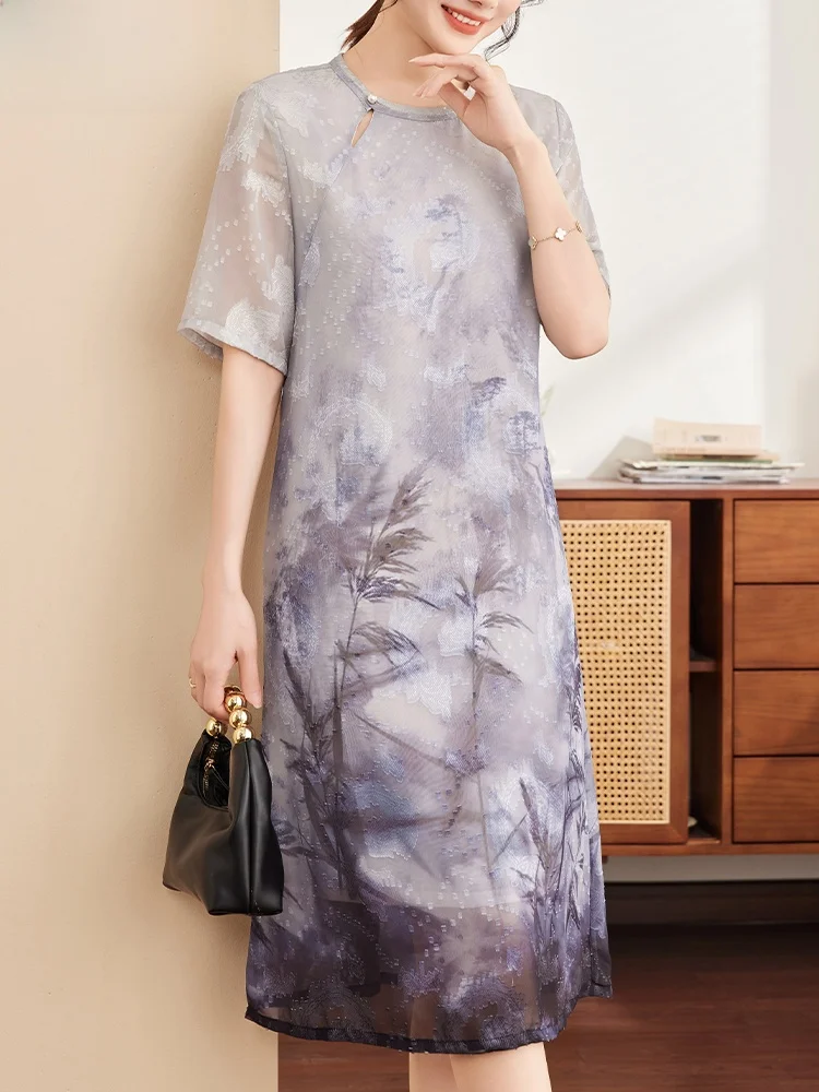 

Summer Faion Midi Dr for Middle-Aged Women plus Size Silk Georgette ort Sve National Sle Clothing Korean Sle