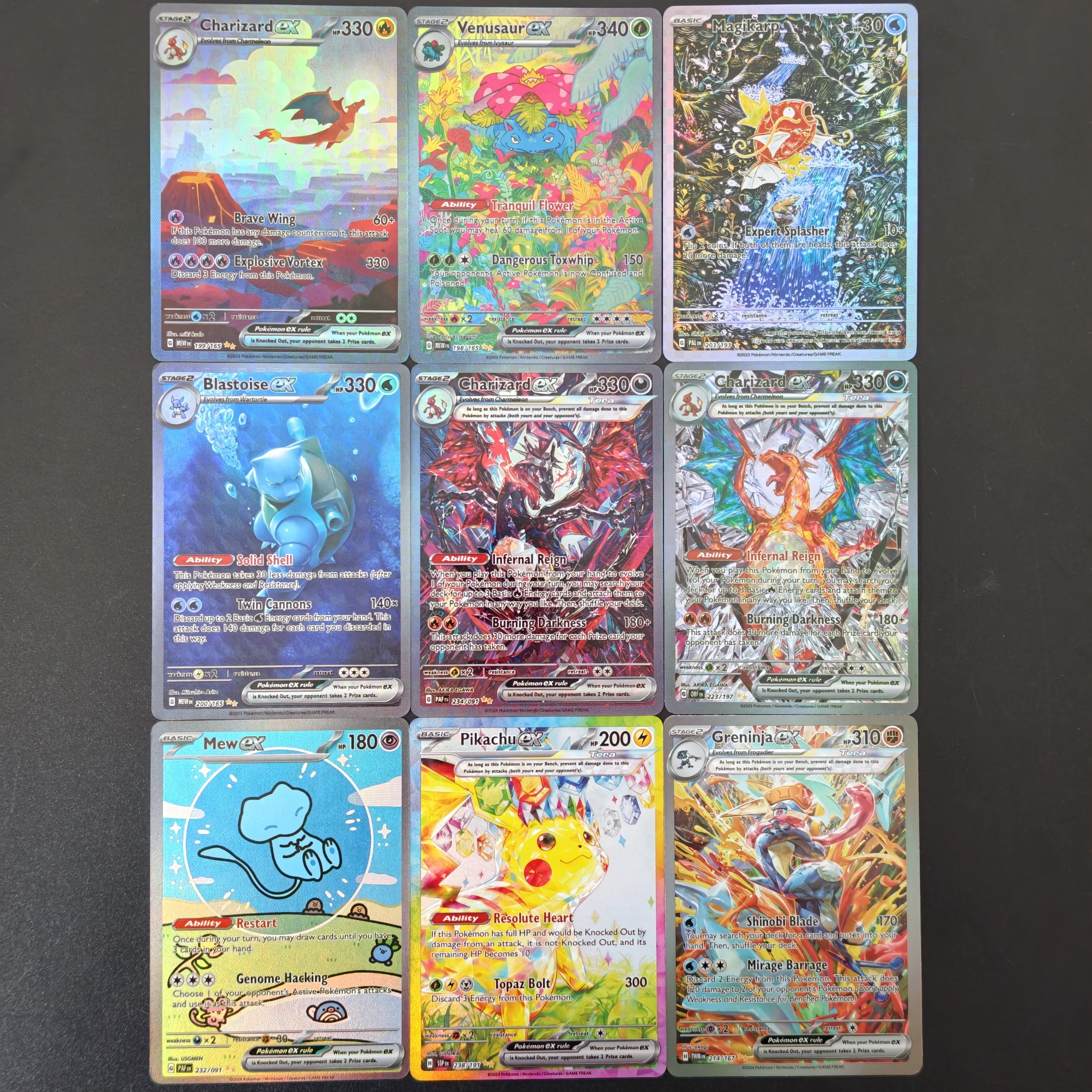 Коллекционные карты серии Pokemon EX (DIY/TCG) с полной иллюстрацией и голографическим эффектом: Чаризард, Венузавр, Бластойз, Магикарп, Мью, Пикачу, Гренинжа