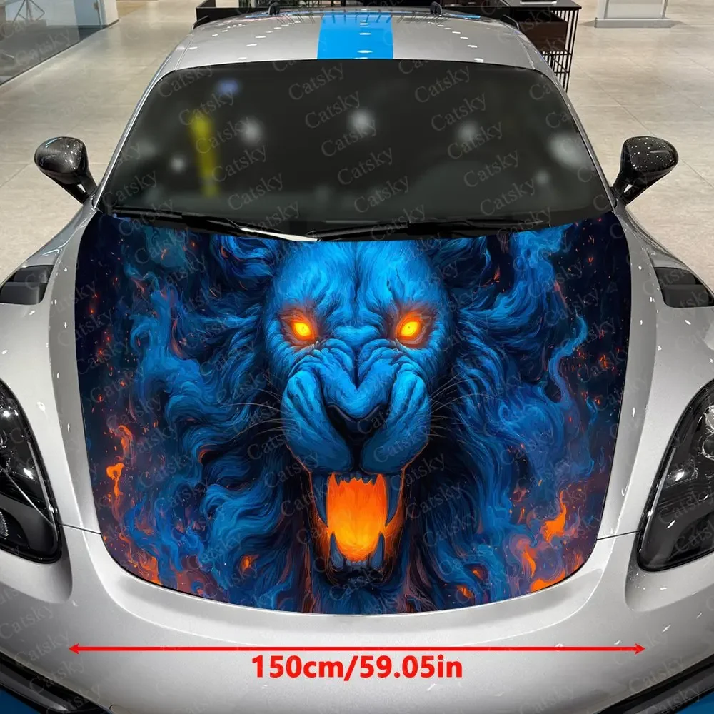 Azure Flame Furious Lion Car Vinyl Wrap, PVC Waterproof Car Hood Sticker, Self-Adhesive Scratch-Resistant Engine Cover Sticker