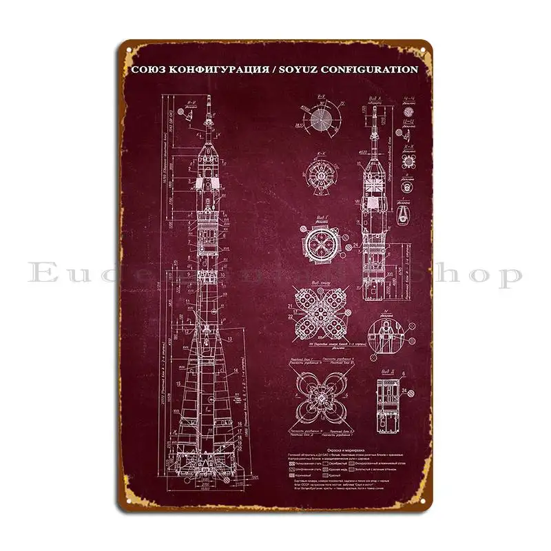 Soyuz Blueprint In High Resolution Red Metal Signs Garage Create Wall Decor Wall Decor Wall Decor Tin Sign Poster