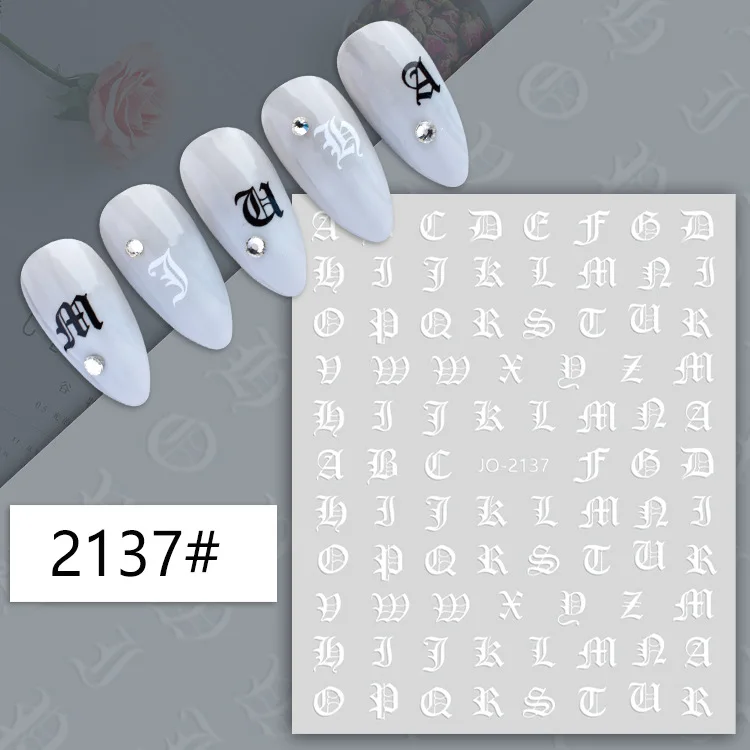 Nail Art 3d Stickers Black White Old Font English Numbers Letters Adhesive Sliders Nail Decals Decoration Manicure