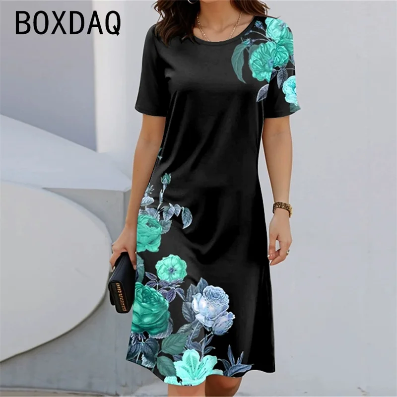 Bohemian Style Short Sleeve Round Neck Floral A-Line Dress Women's Casual Midi Dress Spring Summer Fashion Sundress Vestidos