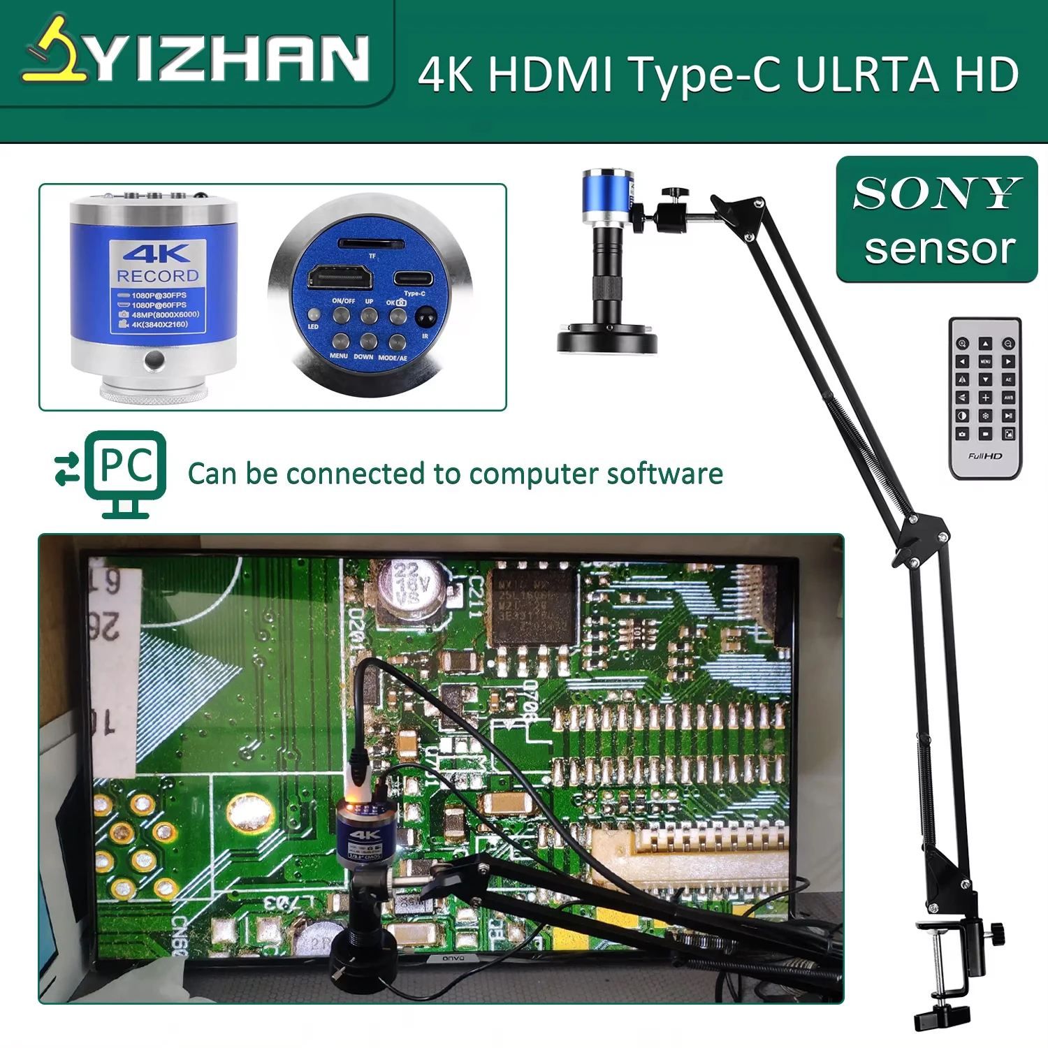 YIZHAN 4K Digital Microscope For Electronic Soldering Coin Microscope 48MP 60FPS Camera HDMI USB 150x Lens Bracket Windows Mac