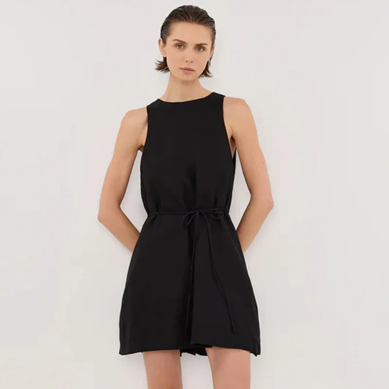 100% linnen elegante korte damesjurken met veters nieuwe zomer mouwloze losse strandvakantie a-lijn mini-jurk boho-jurken