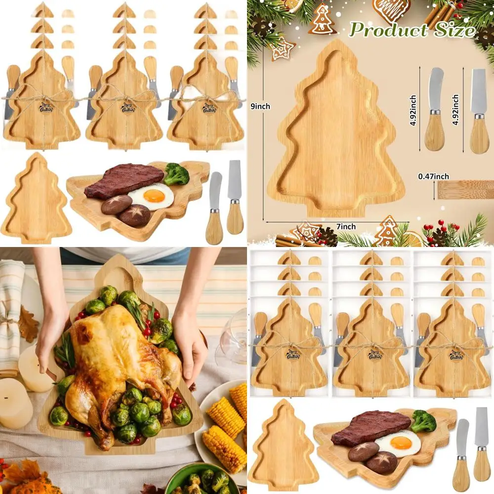 

Set of 12 Bamboo Charcuterie Boards with Cheese Knives for Christmas Tree Themed Kitchen Gifts and Holiday Party Decor
