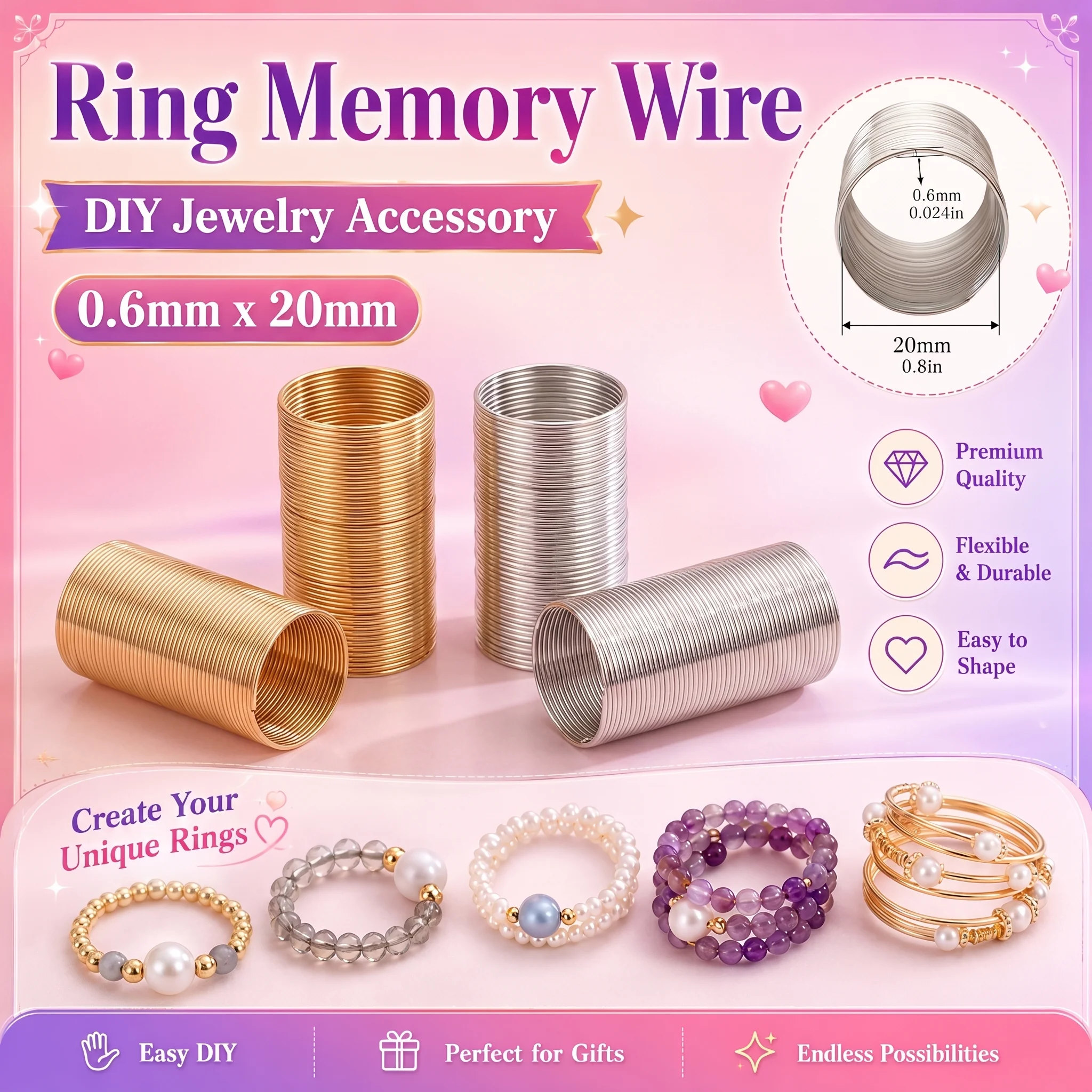 Loop 0.6mm Approx 68 Steel Memory Wire OD 20mm for Finger Rings Jewelry Making DIY Beading Bracelet Craft, Shape Retaining Coil