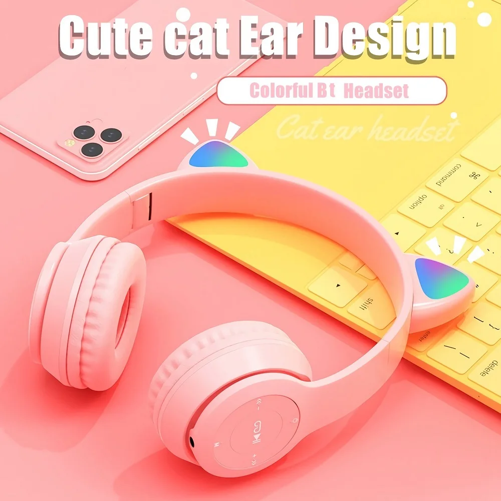 P47M LED Light Cute Cat Ear Headphones Gaming Bluetooth-Compatible 5.0 Wired Headset Gamer Hifi Sport Earphones Wireless Earbuds