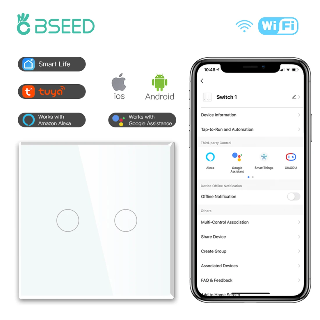 BSEED Wifi 1/2/3Gang Smart Touch Schakelaars 1/2/3Way Wandlampschakelaars Tuya Smart Leven app Controle Plus Sockets EU Standaard