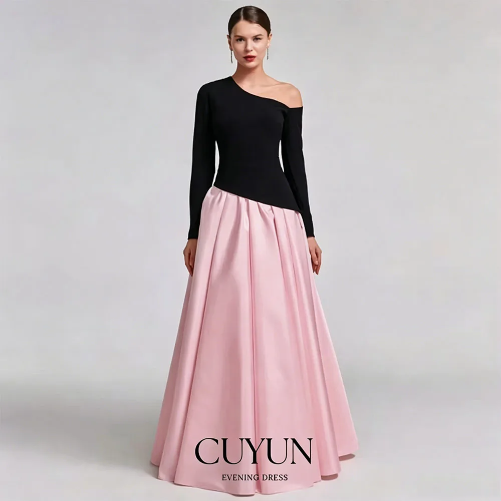 

CUYUN Customized One-Shoulder Black & Pink Evening Gown Saudi Crepe and Taffeta Long Prom Dresses Women Formal Event Dresses