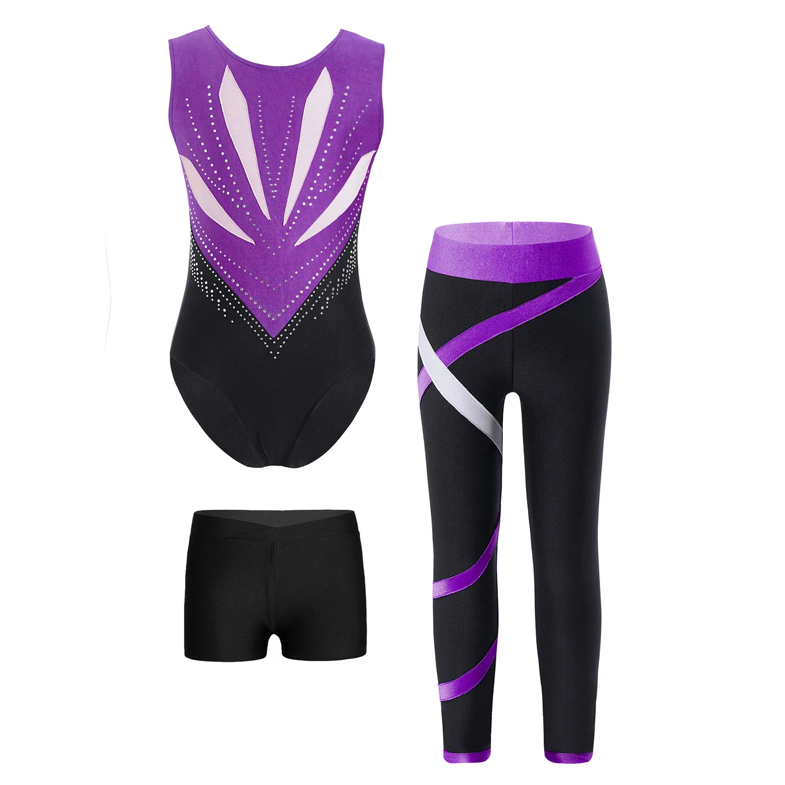 Kid Girls Ballet Gymnastics Sets Sports Tracksuit Sleeveless Bowknot Rhinestones Leotard with Shorts Leggings for Figure Skating