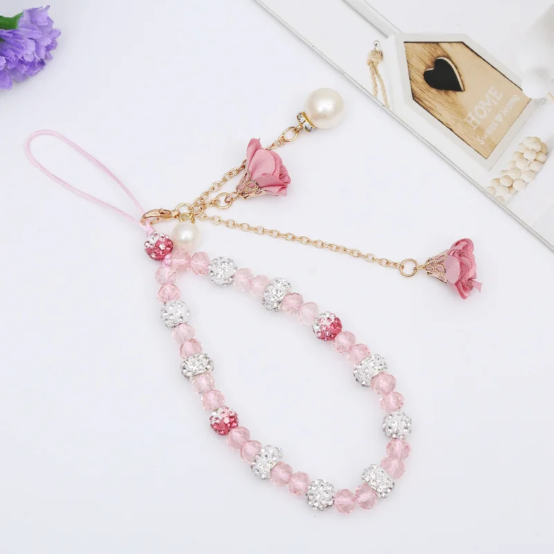 The Flowers Crystal Mobile Phone Pendant Decorate Wristlet Strap for Wallet Beaded Chain