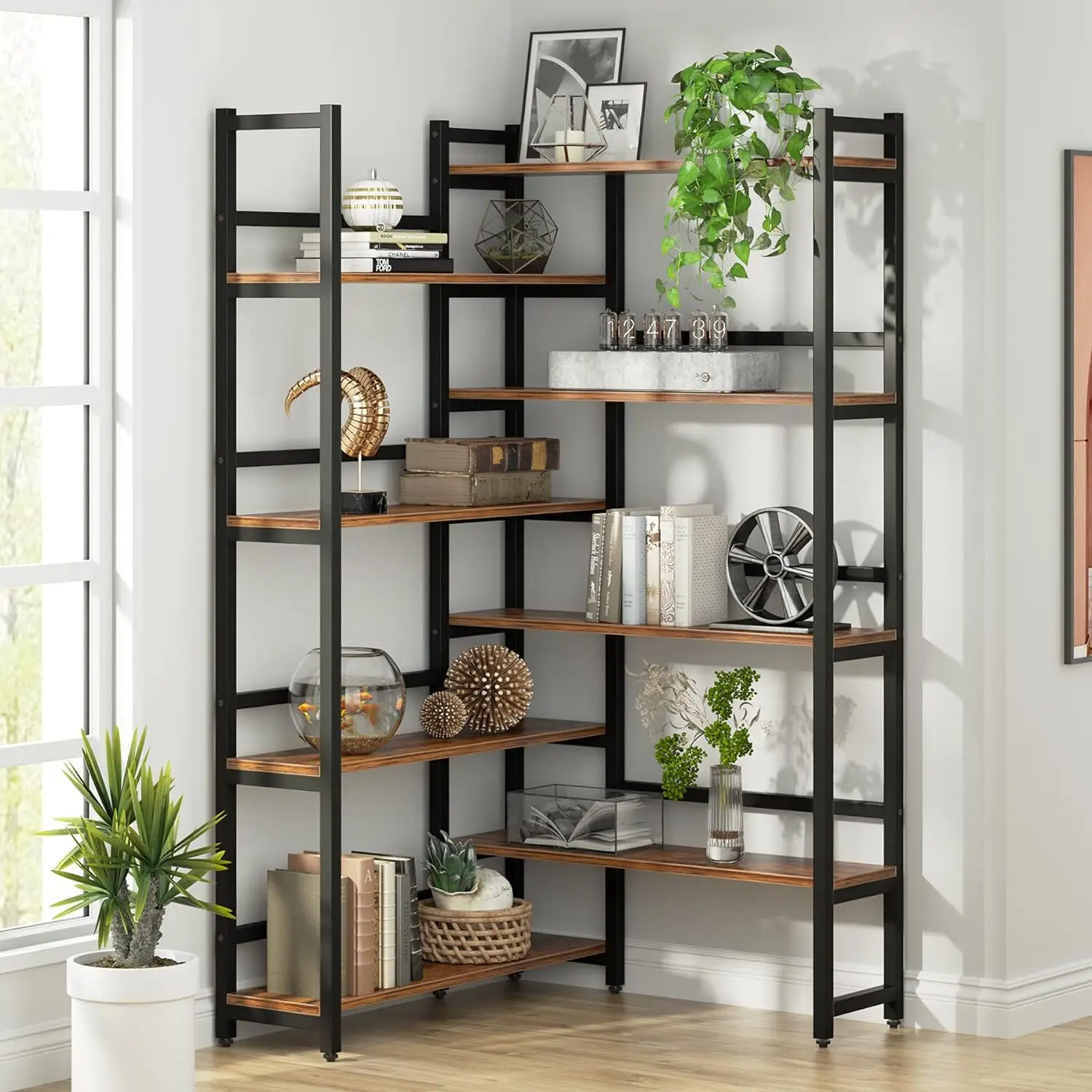 Tribesigns 70.8” Corner Bookshelf, 8-Tier Industrial Bookcase With Metal Frame For Open Storage, Corner Display Rack Storage