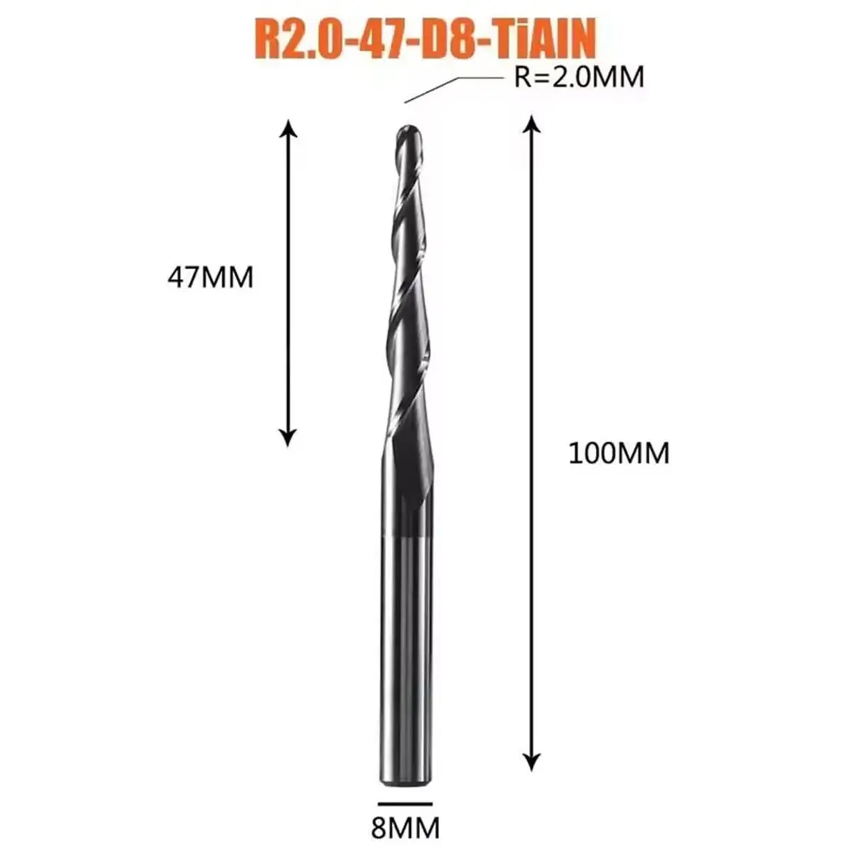 1pc 8mm Shank P2BC Carbide Taper Ball Nose End Mill R0.5-R2.0 for Wood Engraving R2.0