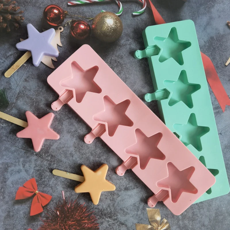 4 Cavities Star Ice Cream Silicone Mold DIY Cartoon Chocolate Jelly Biscuit Baking Mould Cake Decor Soap Candle Making Set Gifts