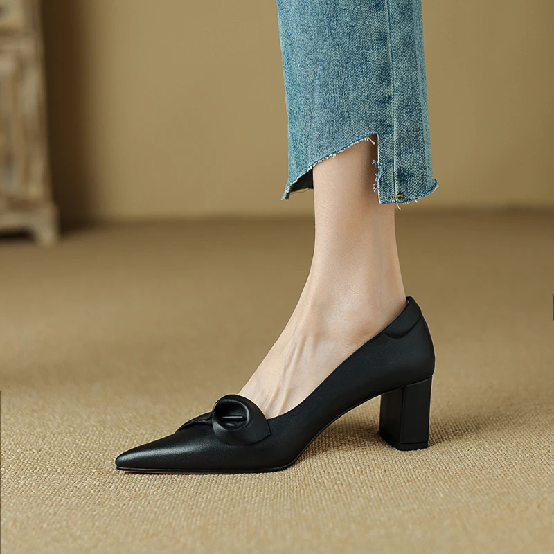 2024 New Women Pumps Spring Summer Office Ladies Party Pointed Toe Thin Heels Soft Genuine Leather Shoes Woman Fashion Elegant