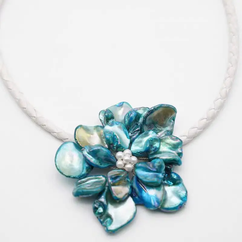 

Shell PEARL necklace white leather blue baroque flower nature Handwoven‌ womwn's jewelry 46cm wholesale FPPJ