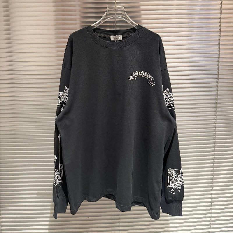 Cashew Flower Long-sleeved T-shirt High Street Crack Scroll Print Washed Distressed T-shirt for Men Women
