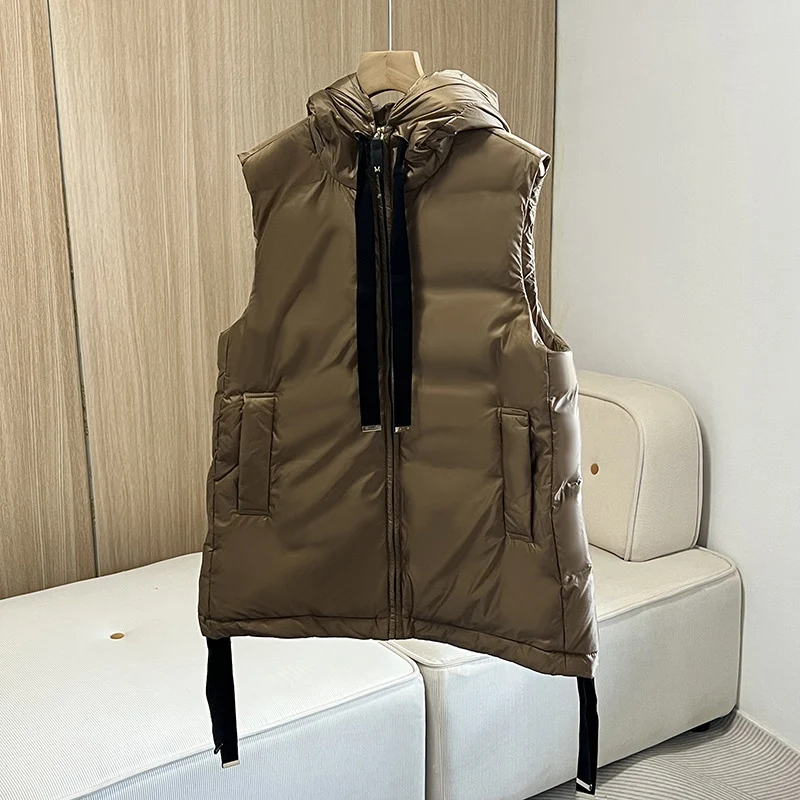 

Новая женская безрукавка 2026 года с капюшоном, 90% белый утиный пух, повседневная, однотонная, модная, осенне-зимняя