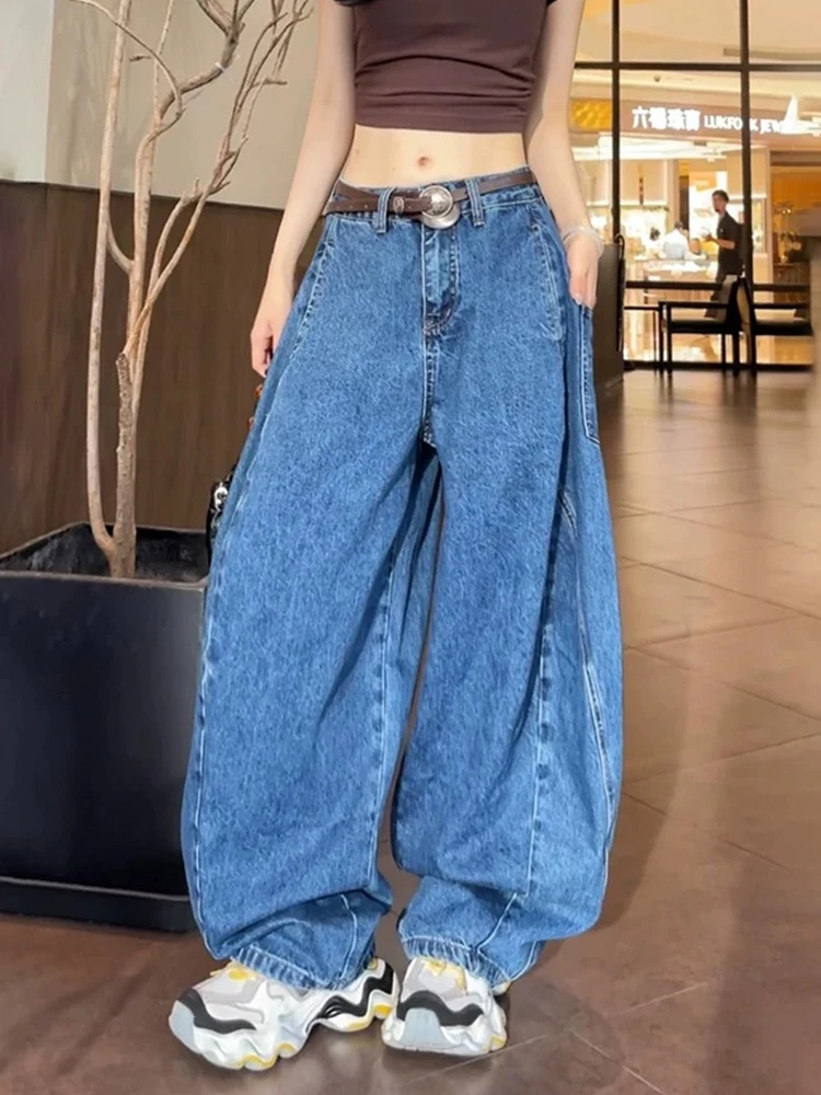 

Джинсы Y2K, американские потертые синие брюки с высокой талией, широкие брюки, свободные мешковатые брюки, изогнутый нож, грушевидная форма, осень